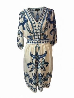Cupshe Cream and Blue Patterned Dress
